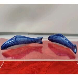 2X Vintage Blue Porcelain Koi Fish Goldfish Chopstick Rests set of 2 Japan